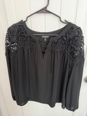 Express Black Lace-Shoulder Lace-Up Blouse